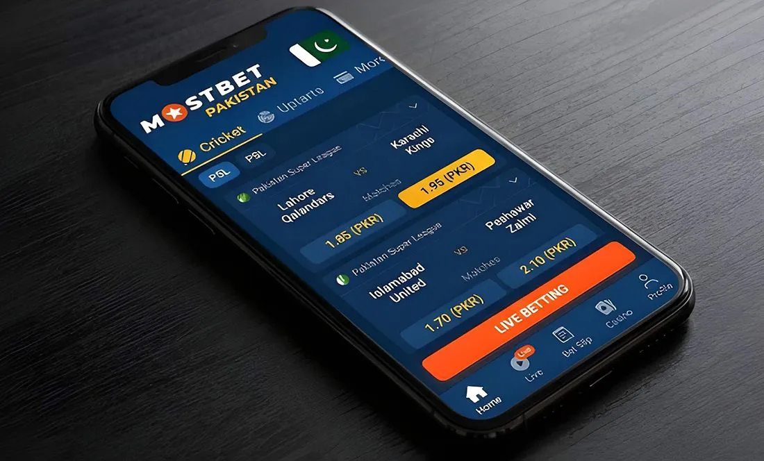 Mostbet Pakistan platform interface showing cricket betting and PKR currency support